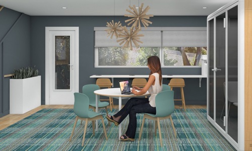Rendering of the lounge and coworking space. 